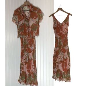VTG Y2K ICE 100% Silk Maxi Dress Set Pink Green Swirl Beaded 2 Piece 8 Fairycore